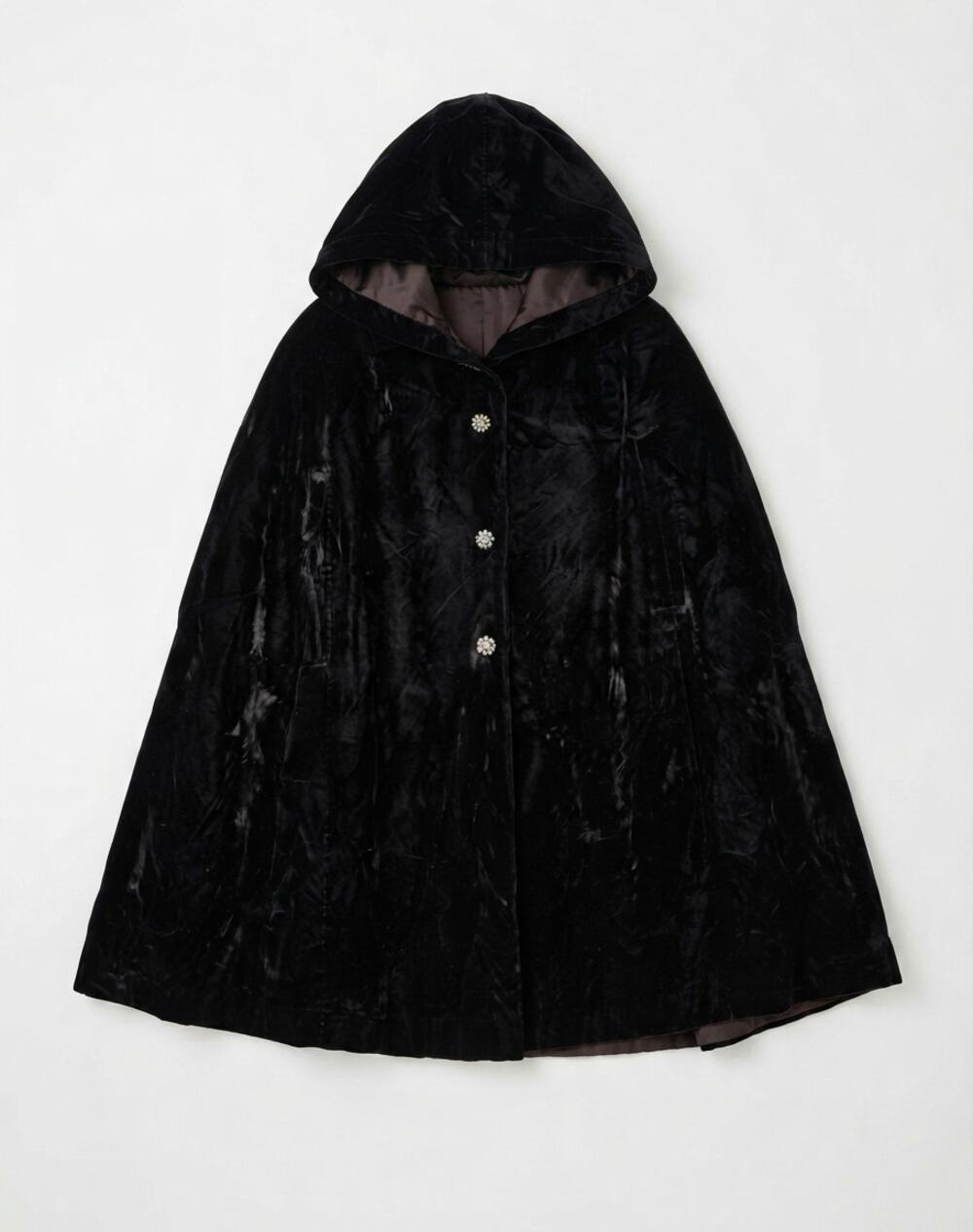Vintage Velvet Black Cape Goth Avant Garde Opera Formal Rhinestone Button Glam